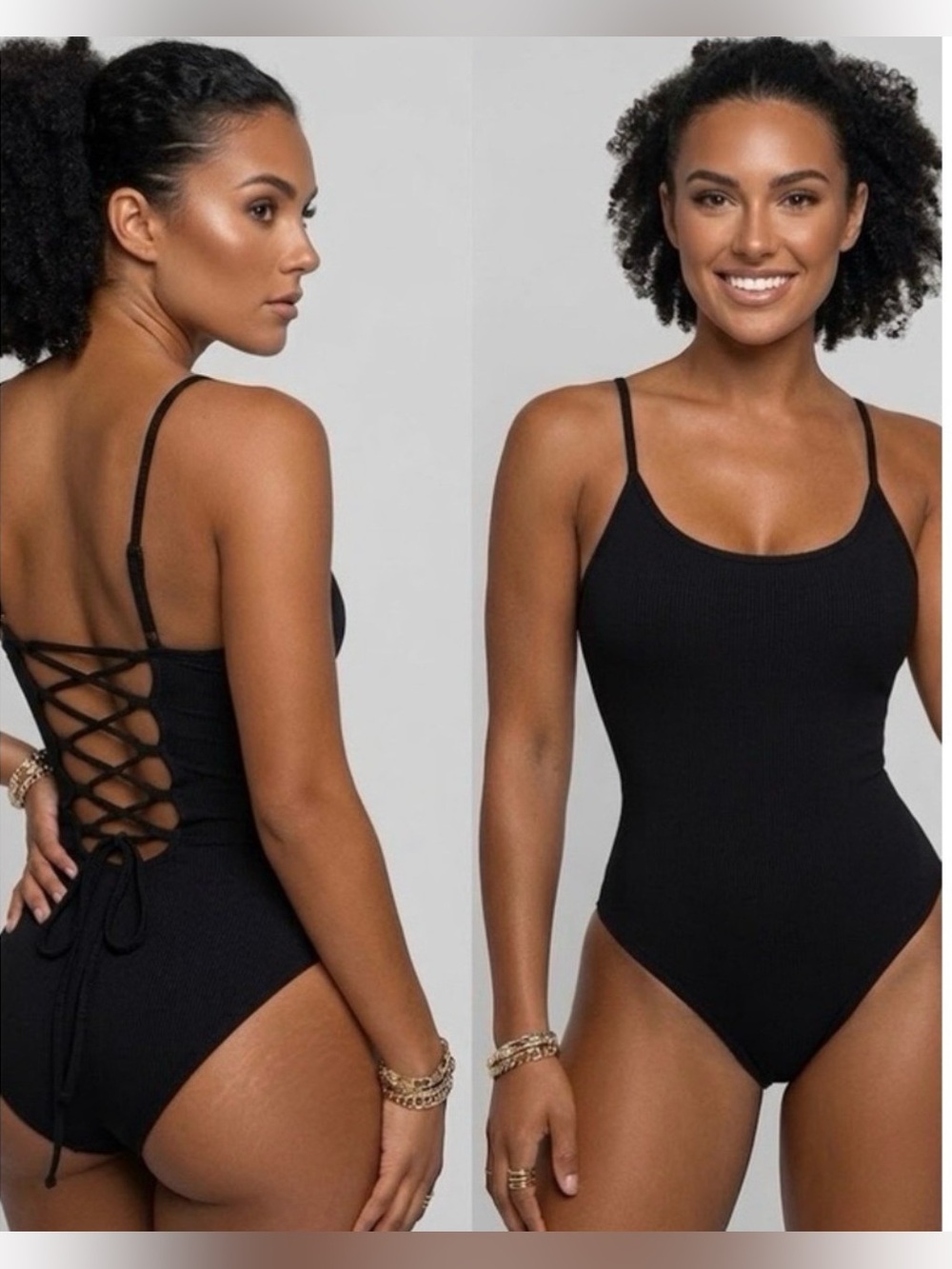 TA3 NWT Lacey One Piece
Swimsuit Black Lace Up Back M
Regular Long
